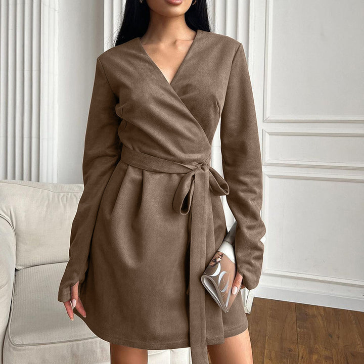 French Style Young Suede V-neck Stomach Blanket Dress