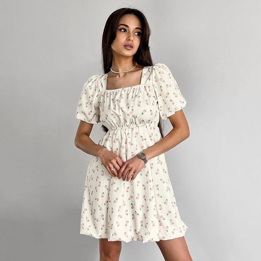 French Elegant Floral Puff Sleeve Dress