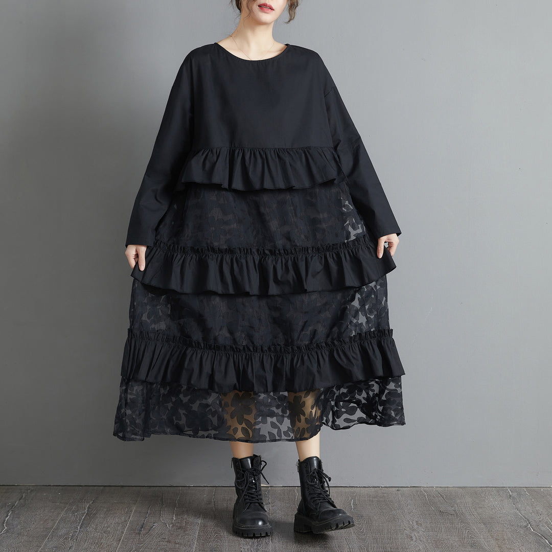 Plus Size Black Lace Stitching Long Sleeve Loose Retro Dress