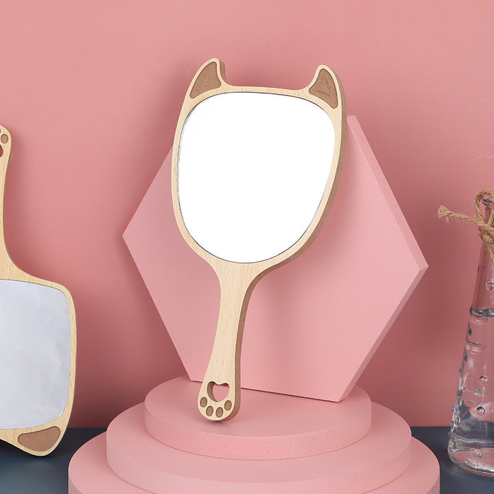 Charming Wooden Handheld Makeup Mirror with Cute Cat Ear Design