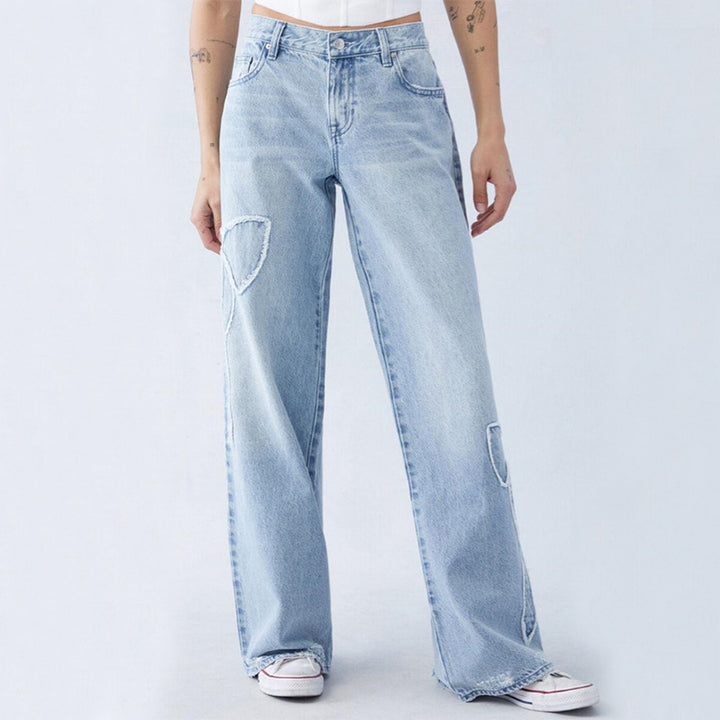 Women's Straight Trousers Embroidered Side Frayed Butterfly Jeans Street Design Hot Girl Baggy Pants