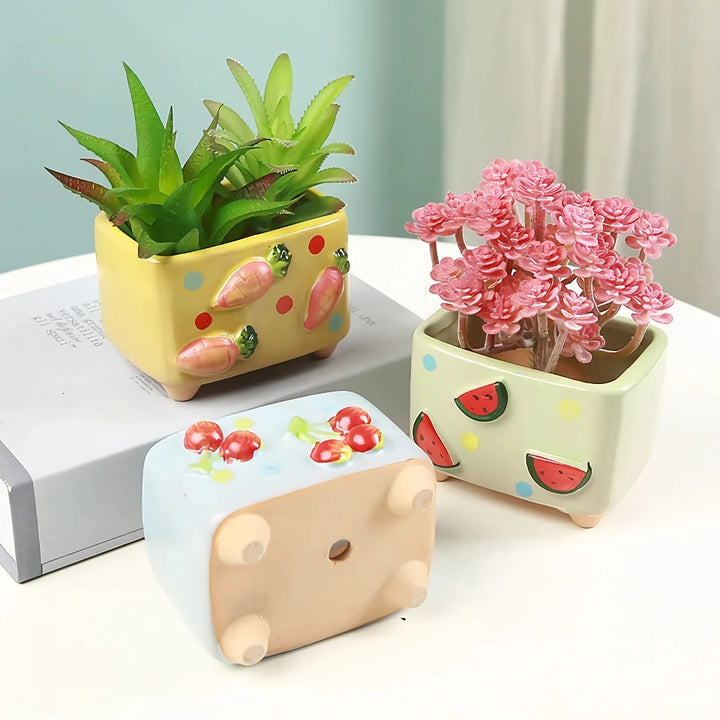 Creative Mini Square Ceramic Plant Flower Pot - Cute Porcelain Carved Vase for Home Décor