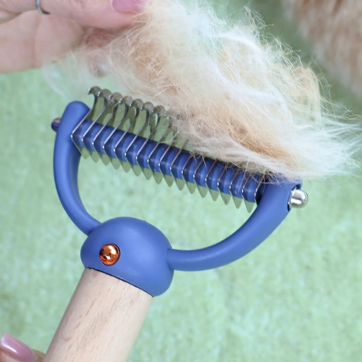 Double-Sided Pet Hair Comb with Wooden Handle