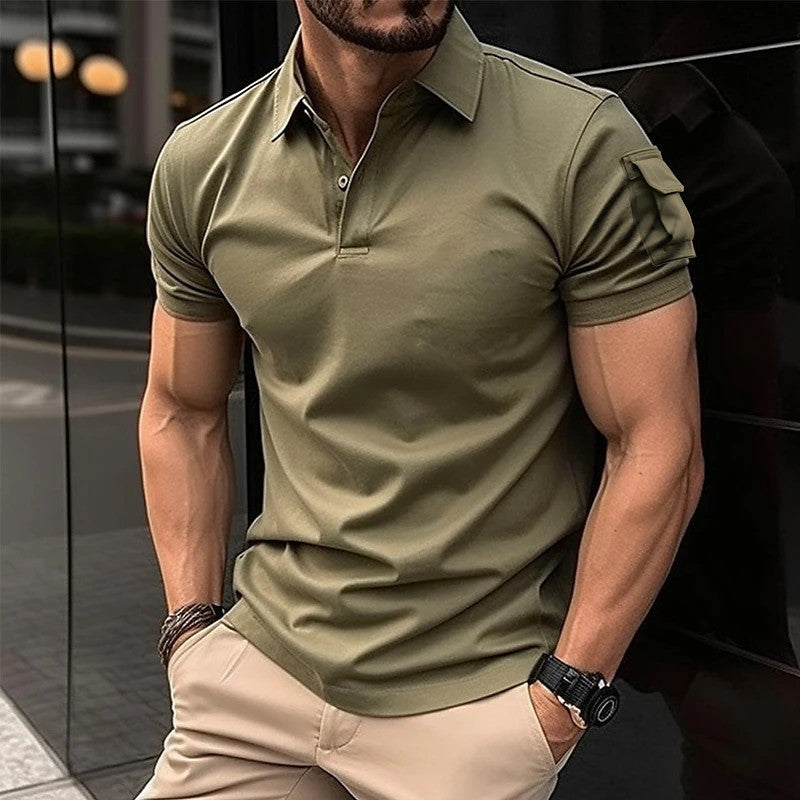 European And American Summer Men's Lapel Button P Arm Short Sleeve Pocket Sweatshirt