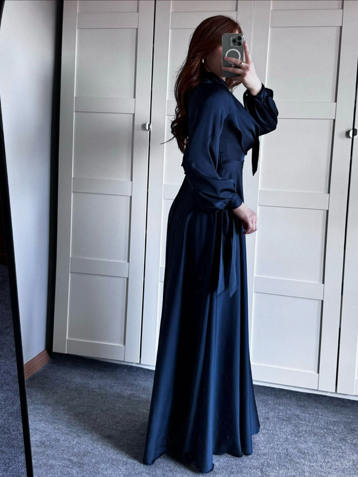 Satin Plunge Collar Long-Sleeve Strappy Maxi Dress