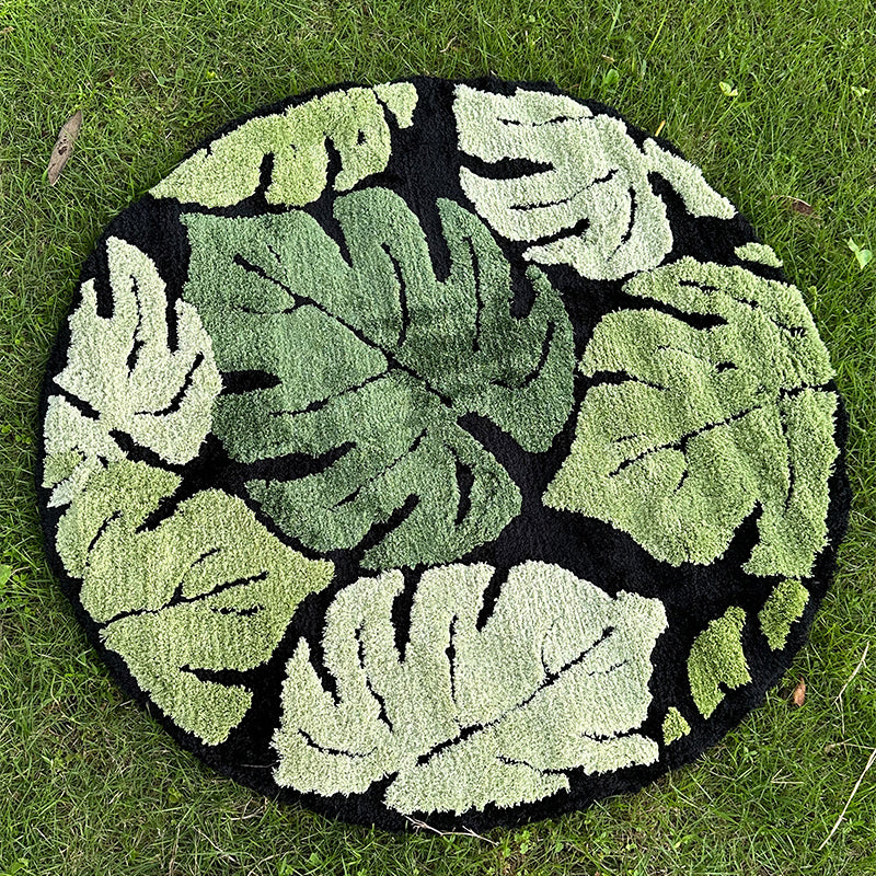 Round Green Monstera Leaf Plush Rug