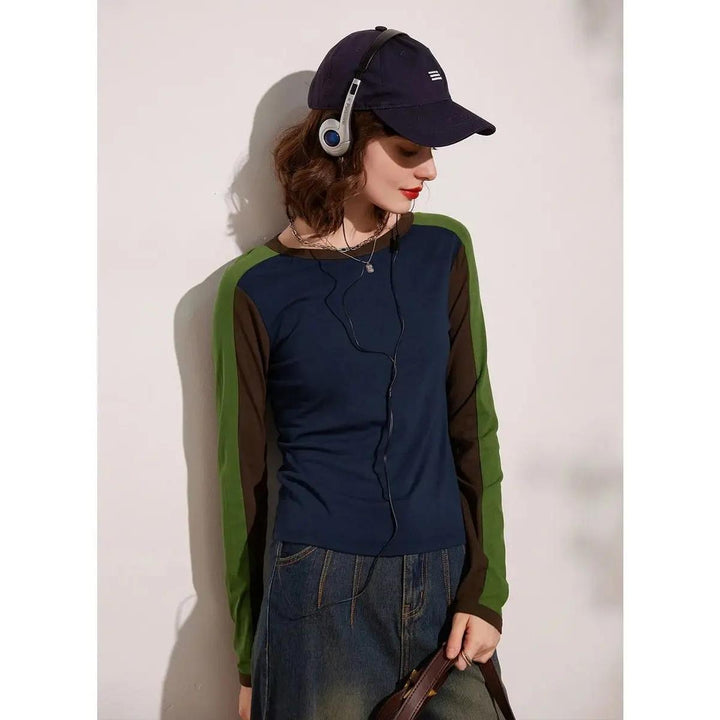 Spring Long Sleeve Casual Round Neck Contrast Color Pullover Top