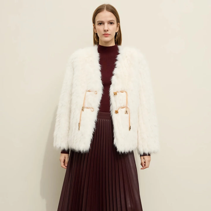 Elegant Loose Fur V-neck Coat with Leather Buckle