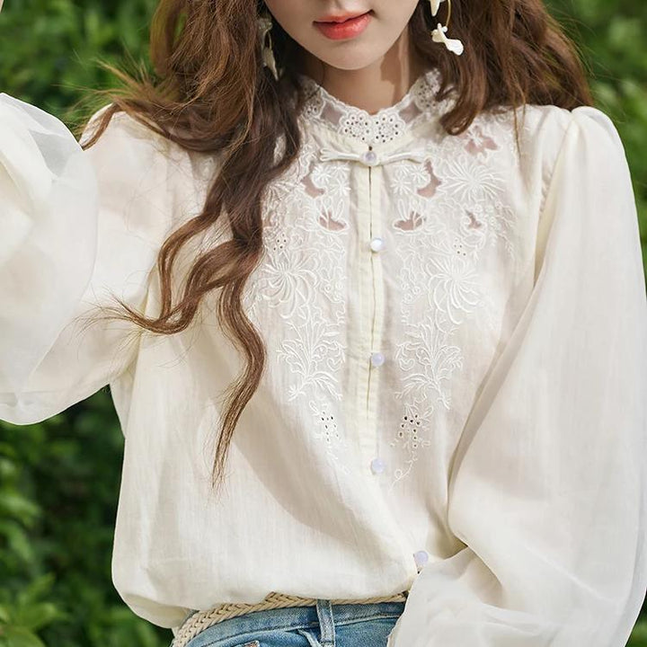 Spring Hollow Embroidered Mesh Blouse