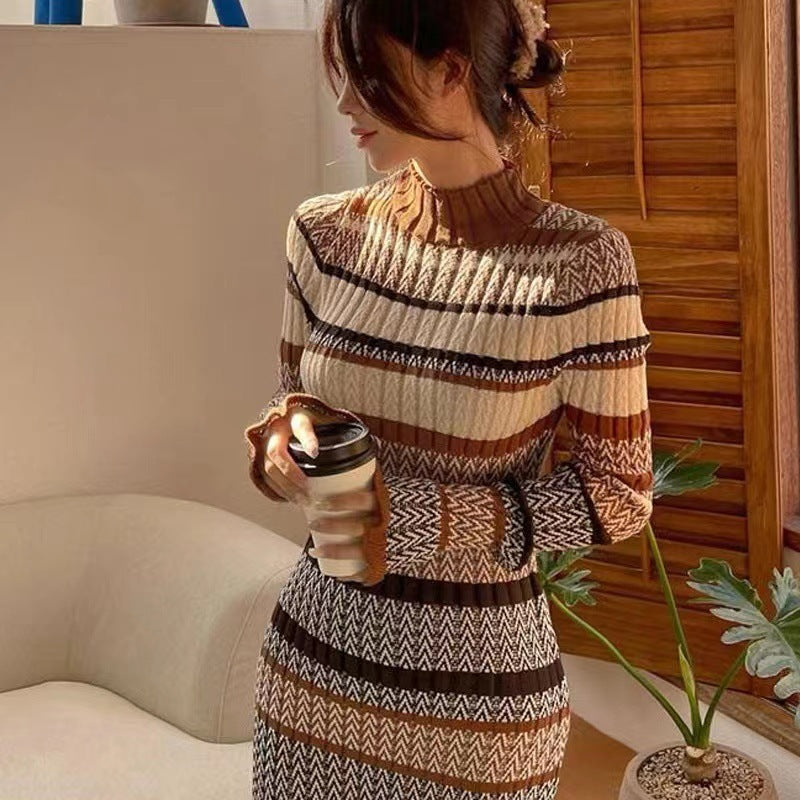 Autumn And Winter Retro Mixed Color Stripe Long Dress