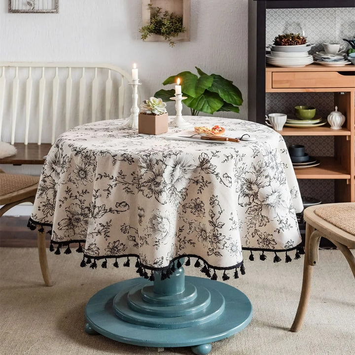 Elegant Floral Cotton Linen Round Tablecloth with Tassels