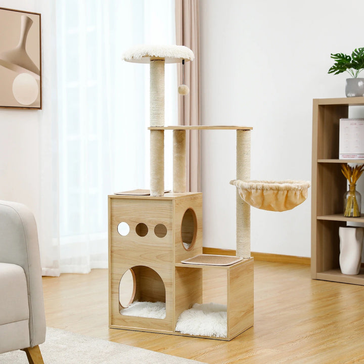 Wooden Cat Tree with Sisal Scratching Posts, Cozy Condo & Hammock