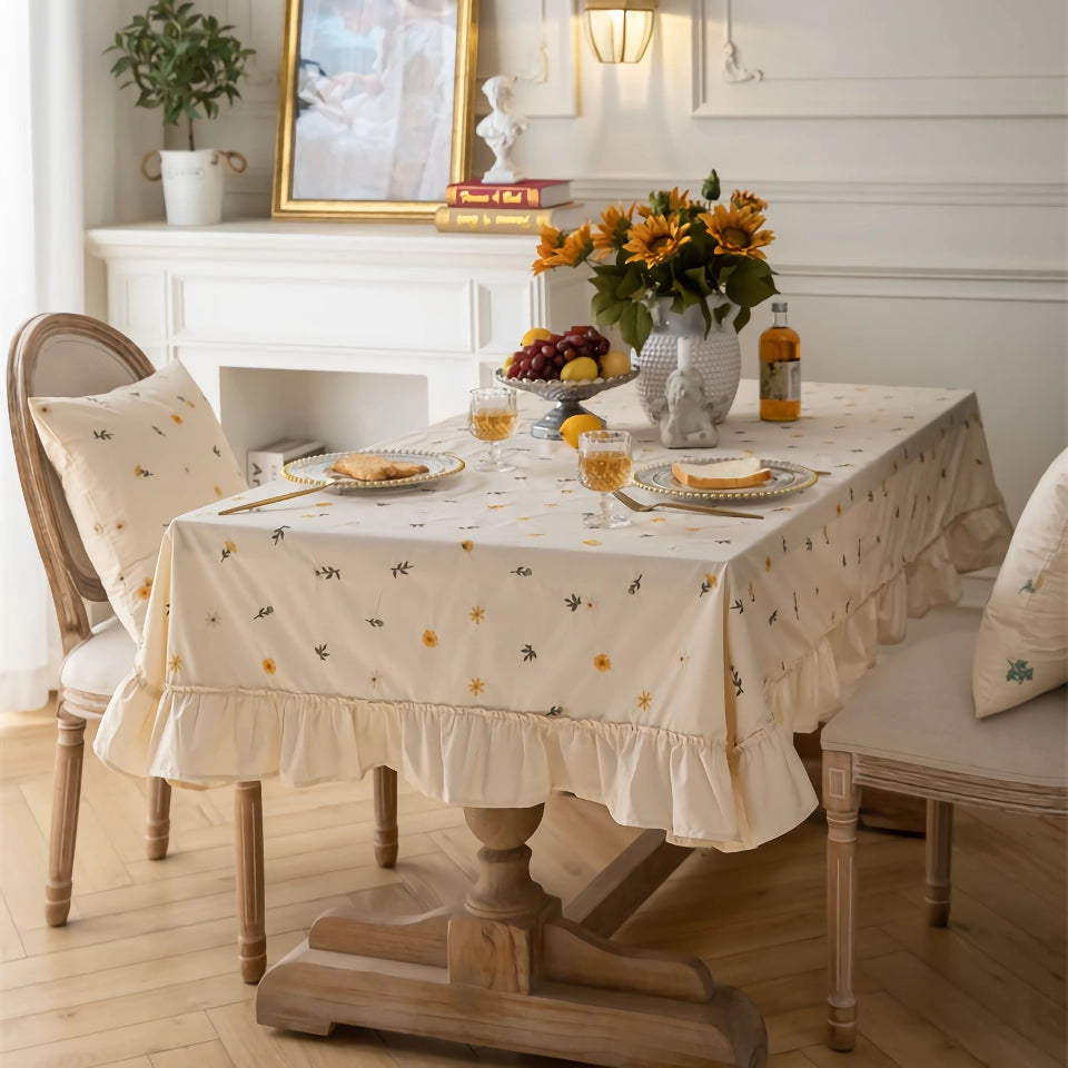 Elegant Cotton Apricot Embroidered Tablecloth with Lotus Leaf Edge