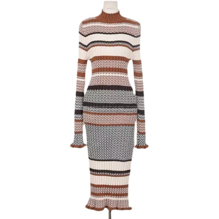 Autumn And Winter Retro Mixed Color Stripe Long Dress