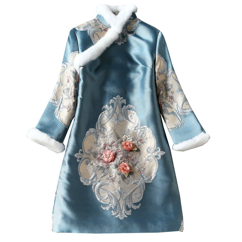 Winter Women's New Improved Brocade Jacquard Silk Flower Cheongsam Dress