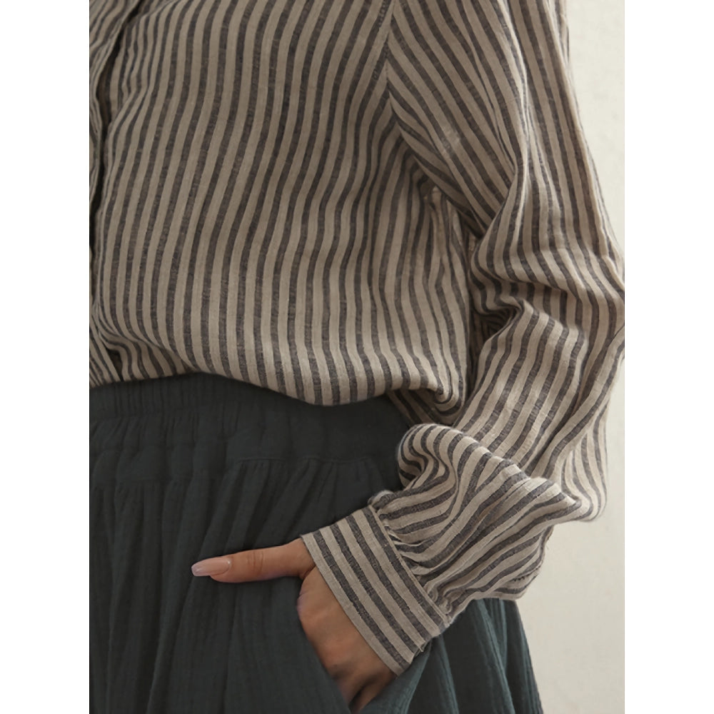 Vintage Striped Cotton Linen Long Sleeve Shirt