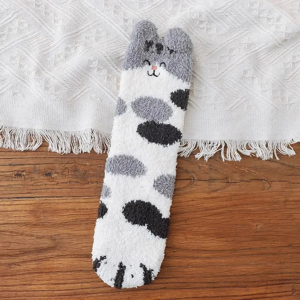 Cute Cartoon Kitten Fleece Warm Indoor Floor Socks - Kawaii Cat Claw Design