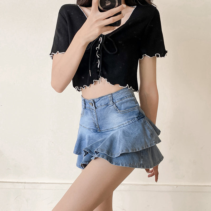 Trendy Layered Denim Mini Skirt with Pocket