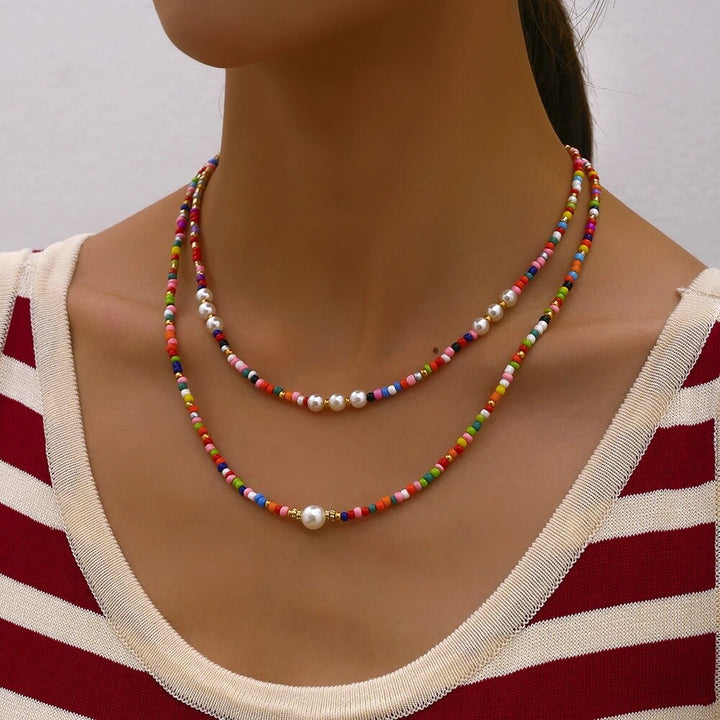 Multilayer Beaded Bohemian Necklace with Heart & Cross Pendants