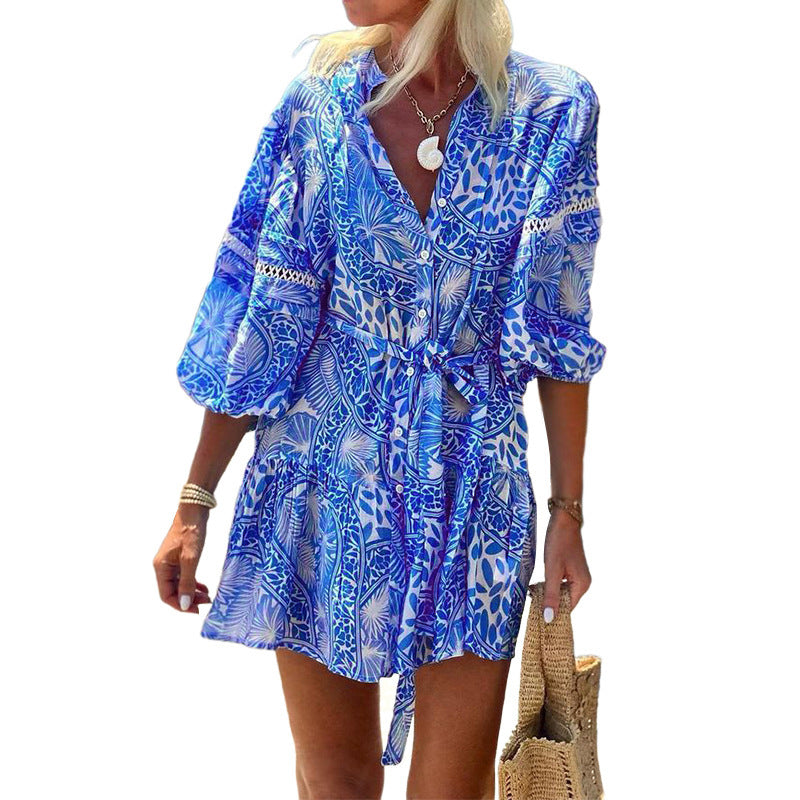 Fashion Stand Collar Straight Print Beach Holiday Dress