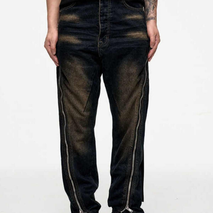 Washed Distressed Double-open Loose Zip Flared Jeans