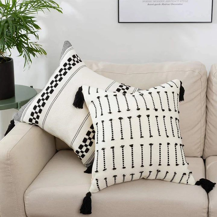 Elegant Black and White Cushion Cover 18x18 with Woven Tassels