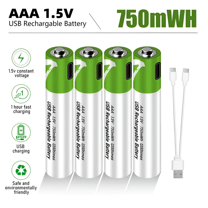 USB Rechargeable AA 1.5V 2600mAh Lithium Batteries (4pcs) for Remote Controls, Toys + Cable