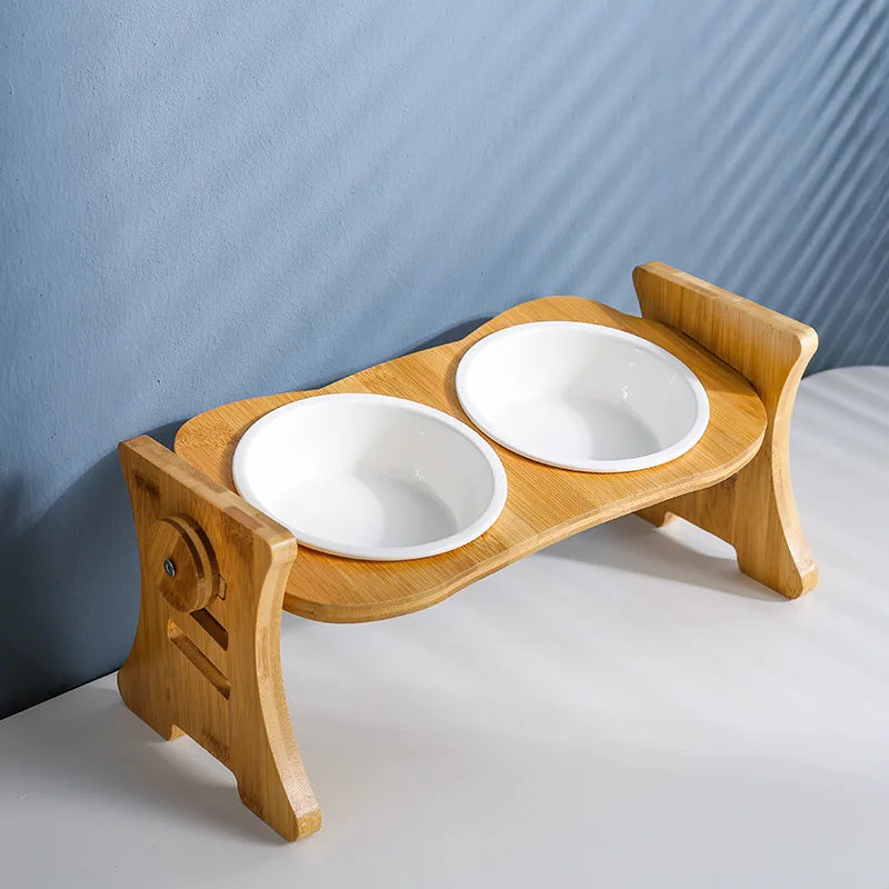 Elevated Ceramic Pet Bowl with Wooden Stand - Double Raised Cat & Dog Food and Water Feeder