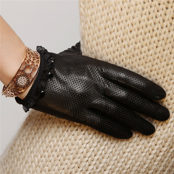 Ladies Sheepskin Perforated Breathable Single Leather Touch Screen Full Finger Gloves