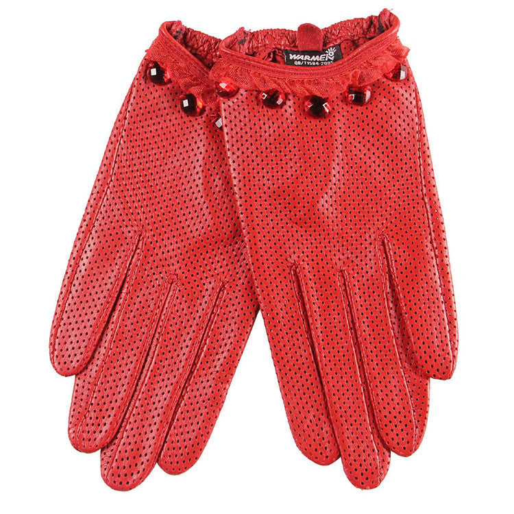 Ladies Sheepskin Perforated Breathable Single Leather Touch Screen Full Finger Gloves