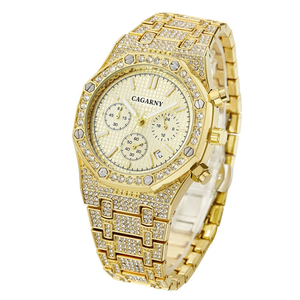 Diamond Full Diamond Six Hands Quartz Chronograph Men's Watch