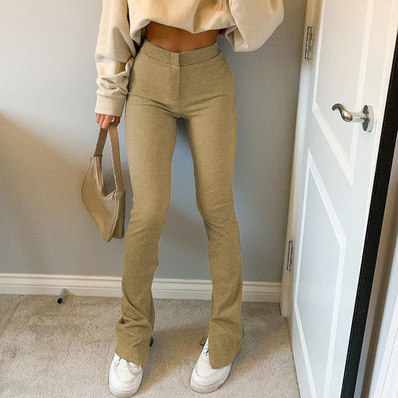 Pure color high waist skinny split casual pants women