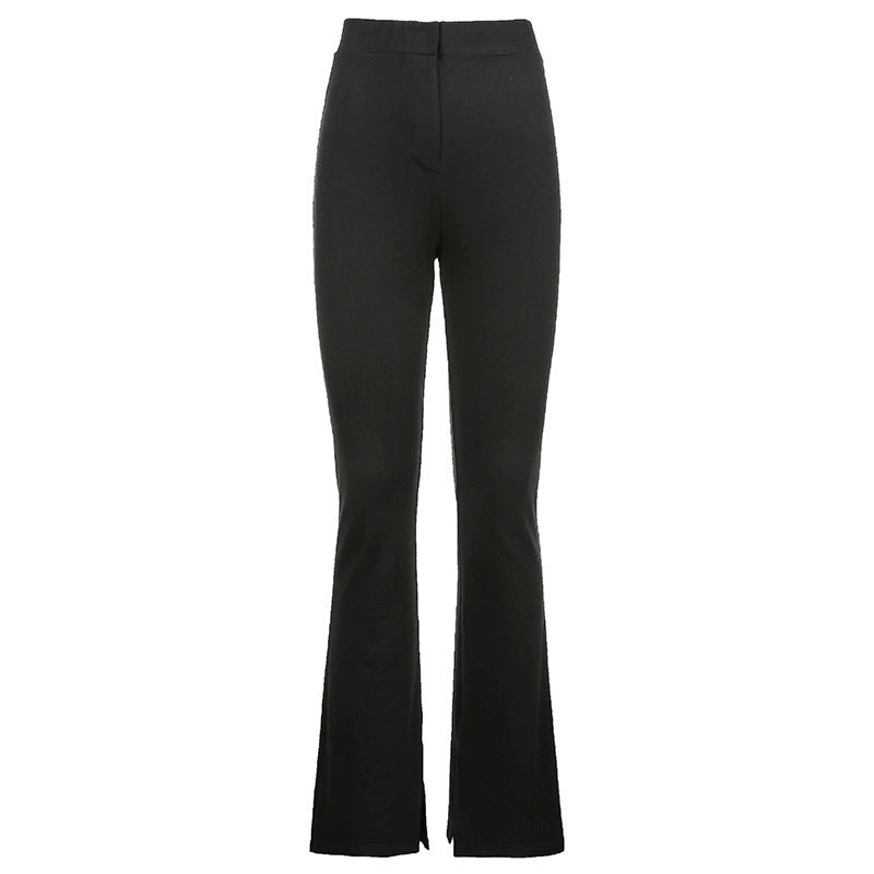 Pure color high waist skinny split casual pants women