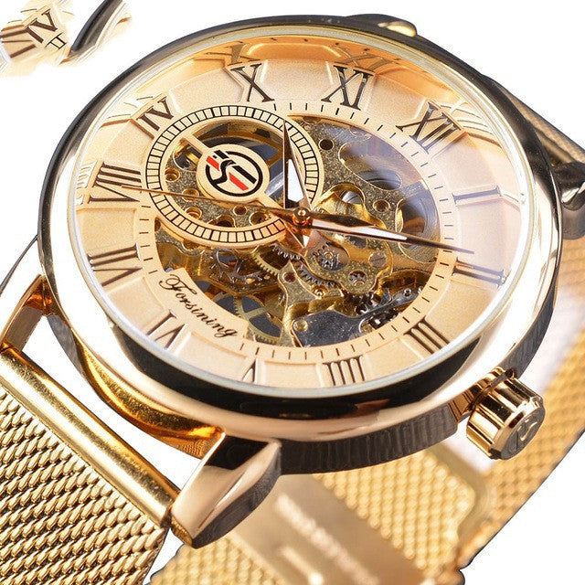 Fashion Casual Roman Numeral Mesh Belt Hollow Automatic Mechanical Watch