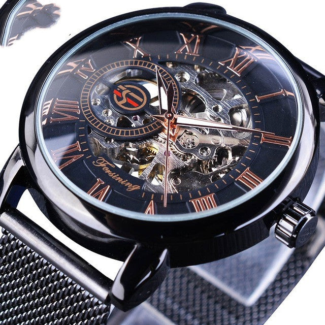 Fashion Casual Roman Numeral Mesh Belt Hollow Automatic Mechanical Watch