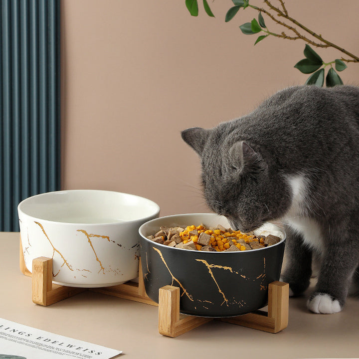 Elegant Marble Pet Bowl with Bamboo Stand