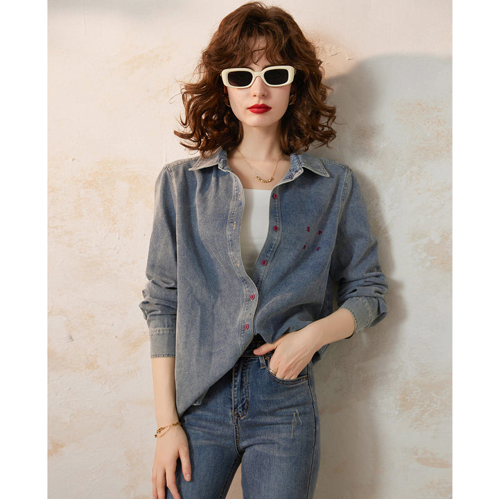 Spring Casual Denim Shirt with Embroidery