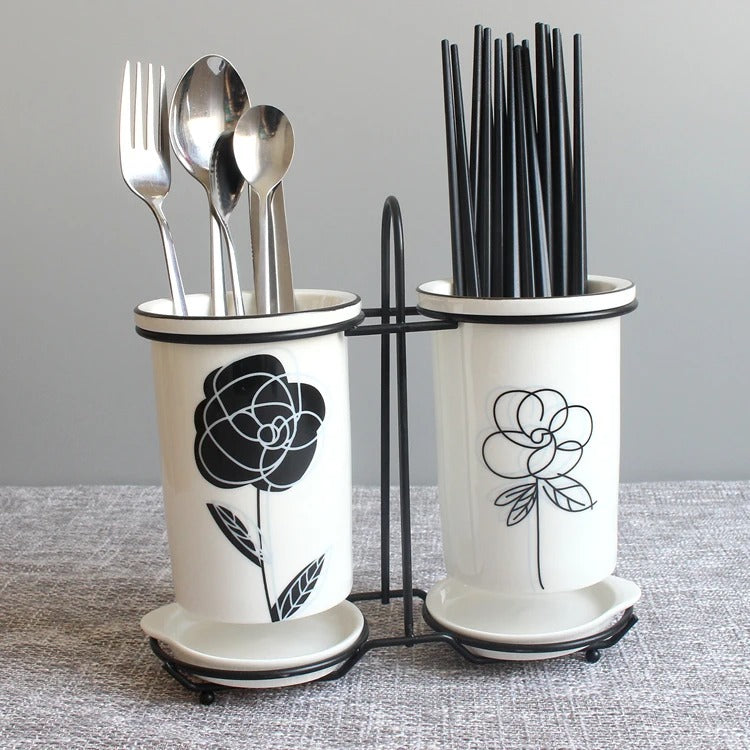 Ceramic Chopsticks and Utensil Storage Set with Drainage Rack