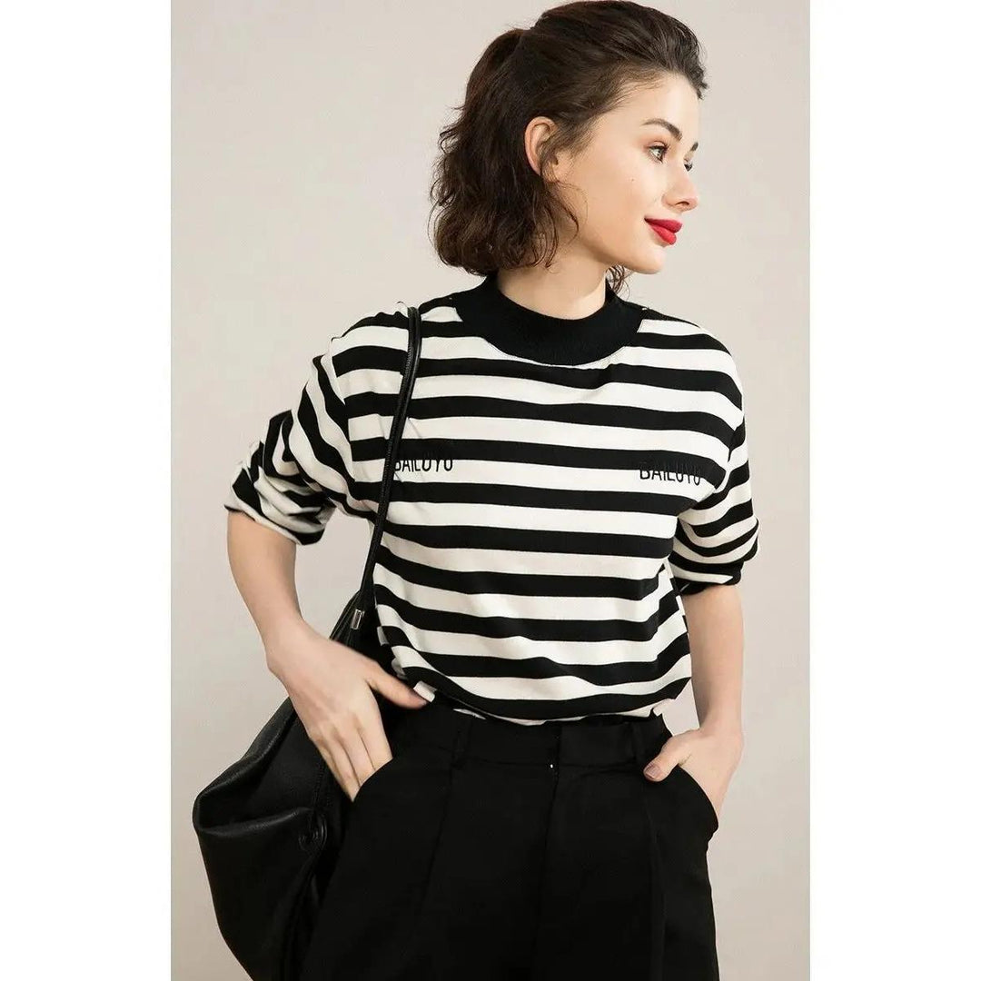 Half High Collar Stripe Long Sleeve T-Shirt