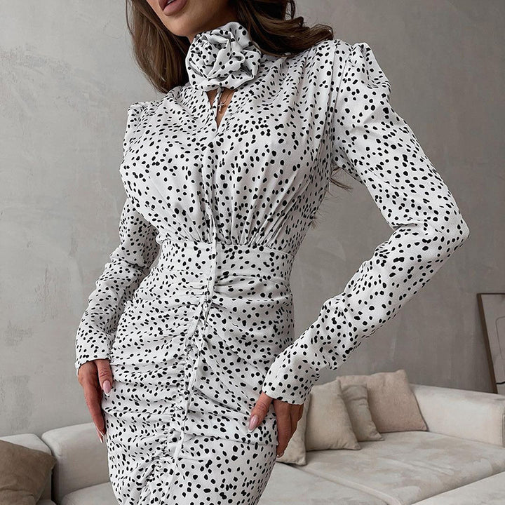 French Style Polka Dot Fashionable Deep V-neck Tight Waist Tea Break Dress