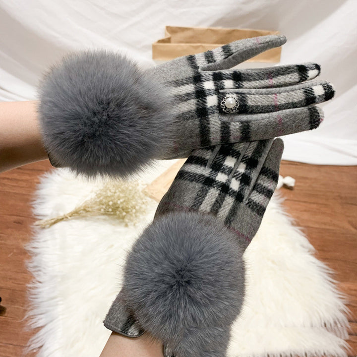 Oversized Fox Fur Ball Day Single Symmetrical Plaid Wool And Cashmere Finger Gloves