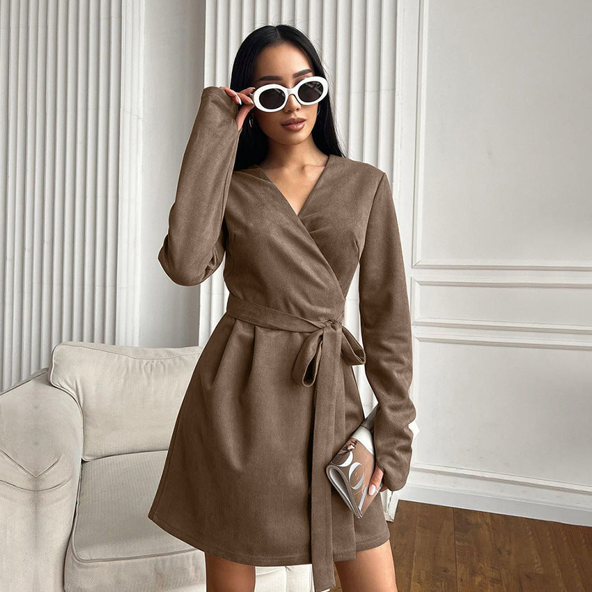 French Style Young Suede V-neck Stomach Blanket Dress