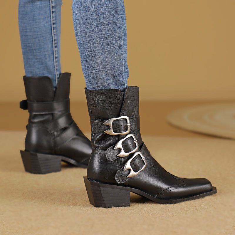 Genuine Leather Square Toe Chunky Heel Ankle Boots