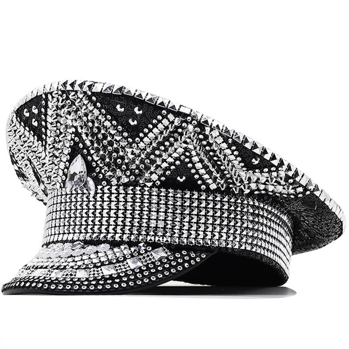 All-match Party Carnival Flat Top Punk Black Paillette Diamond Photography Hat