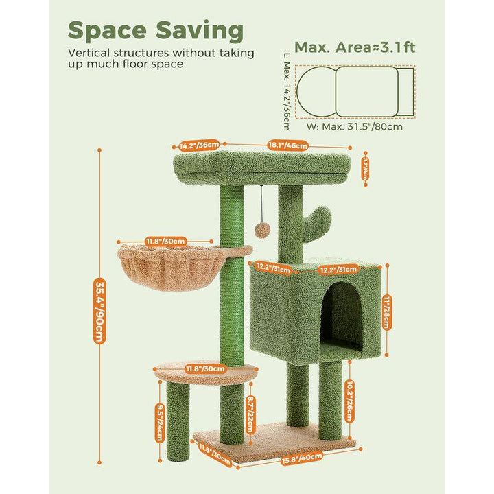 Cactus Cat Tree Tower with Padded Perch, Hammock, Condo & Scratching Posts