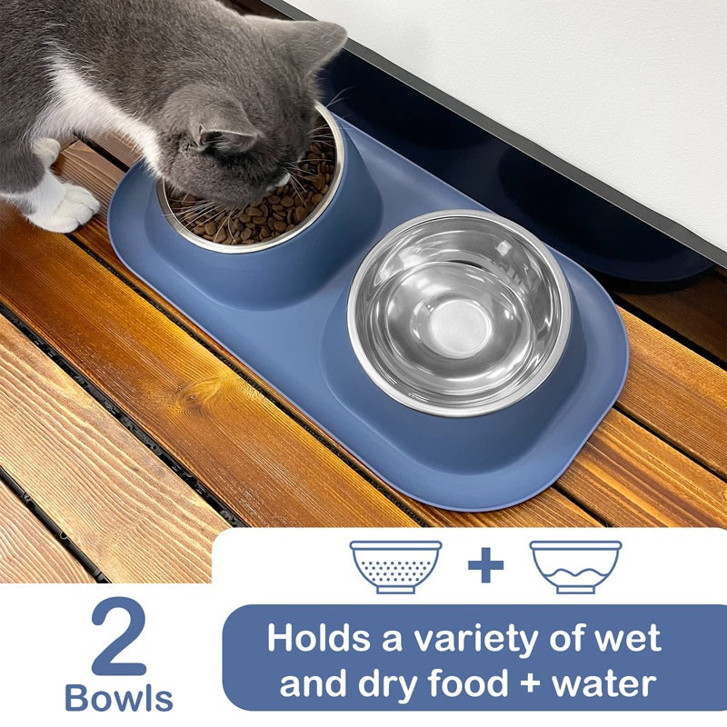 Stainless Steel Tilted Double Dog Bowl - Anti-Skid, No Spill, Removable Feeding Bowls for Cats and Dogs