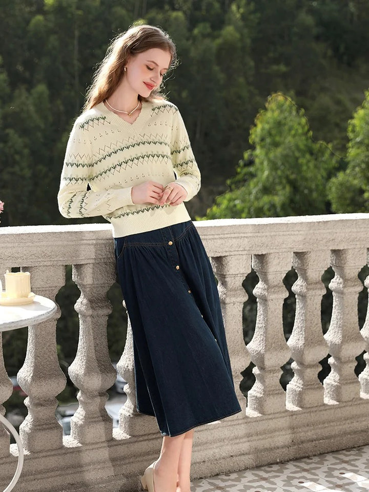 Apricot V-Neck Hollow Knit Sweater for Women