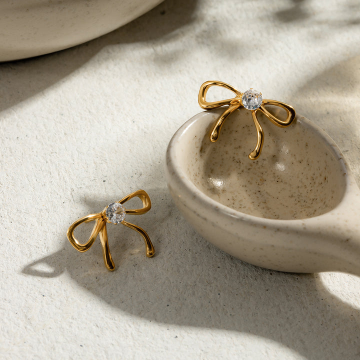 18K Gold Plated Bowknot Earrings with White Zircons