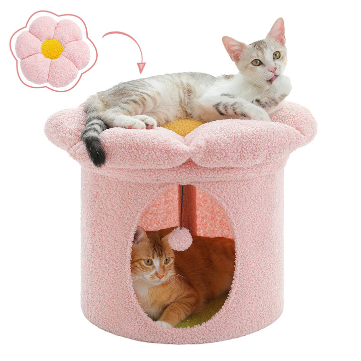 Cozy Flower Cat House with Pompom Ball - Double-Deck Cat Condo