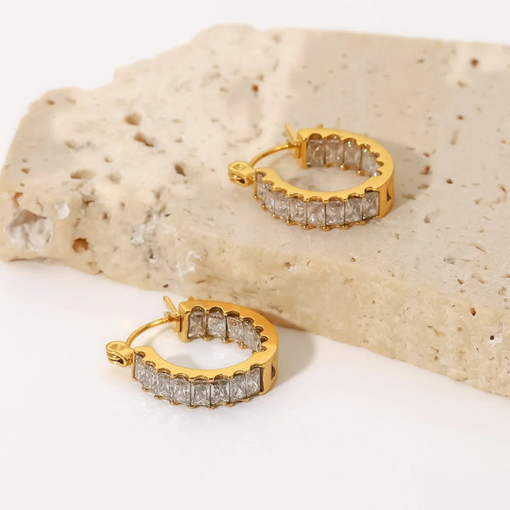 Trendy Waterproof Gold Stainless Steel Hoop Earrings with Cubic Zirconia